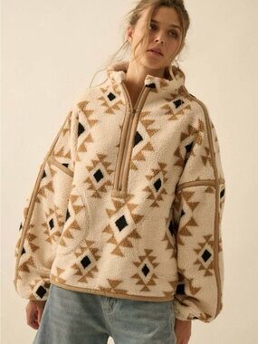 Aztec-Print Sherpa Half-Zip Pullover in Cream & Tan
